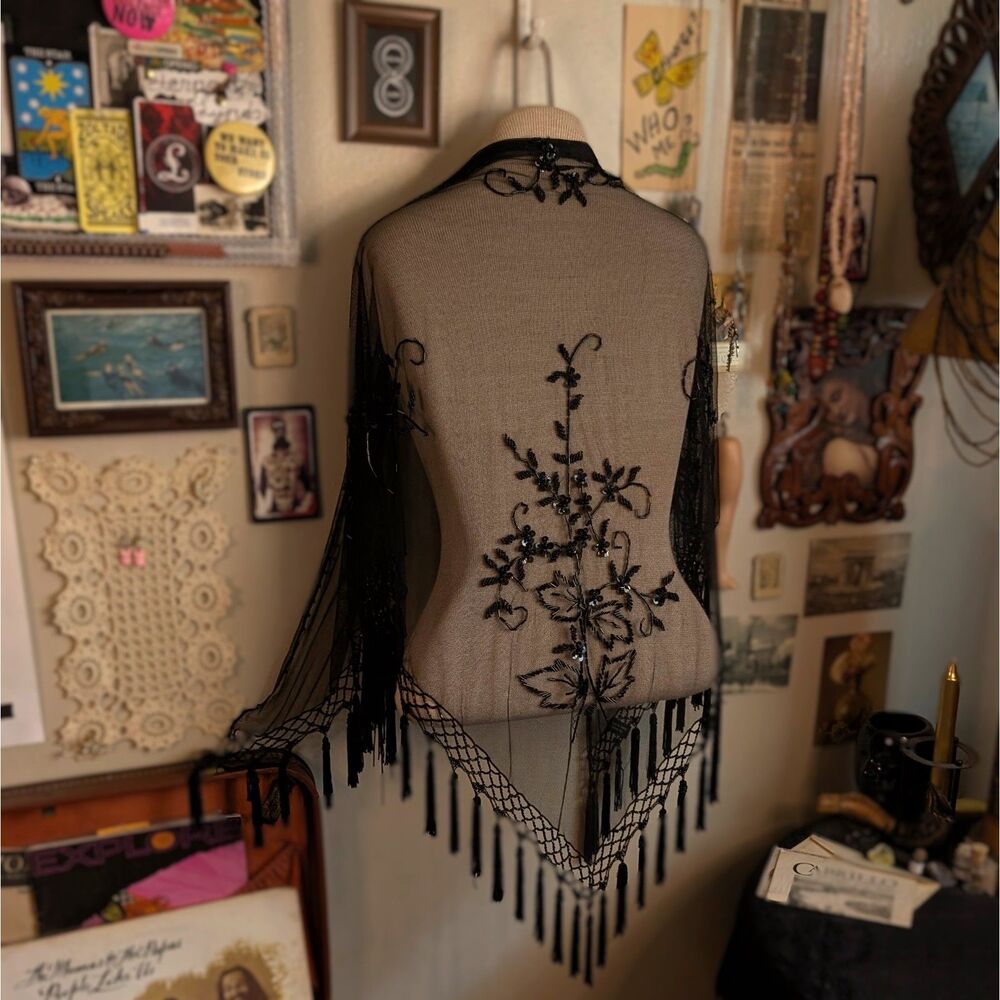 Vintage Beaded Fringe Sheer Mesh Shawl Black Tassel Fringe